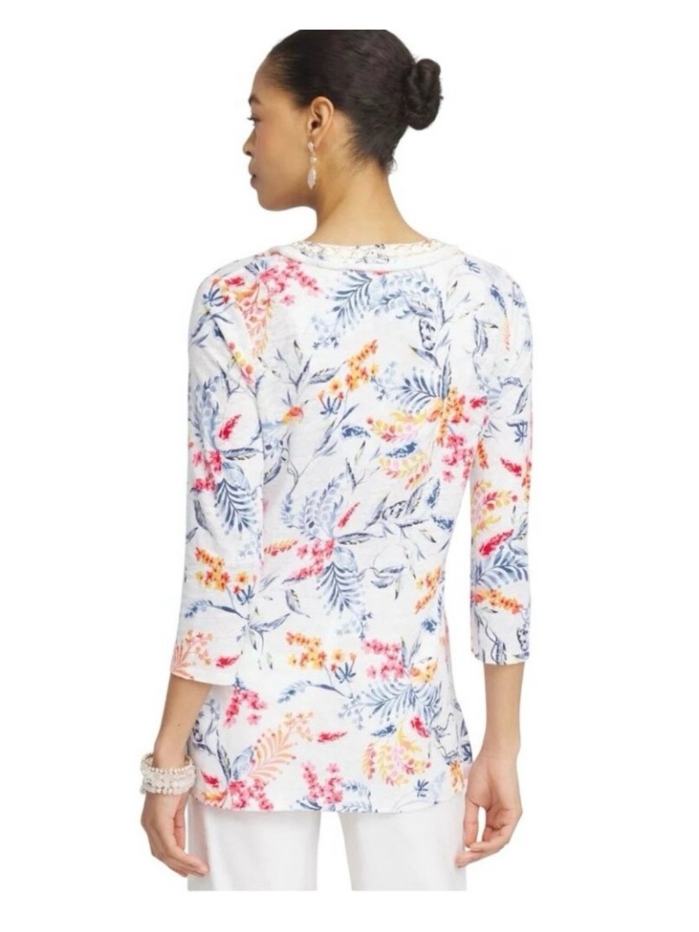 Chicos SZ 3 US XL Womens Nautical Floral Linen Tunic Top With Embellished Collar - Picture 2 of 8